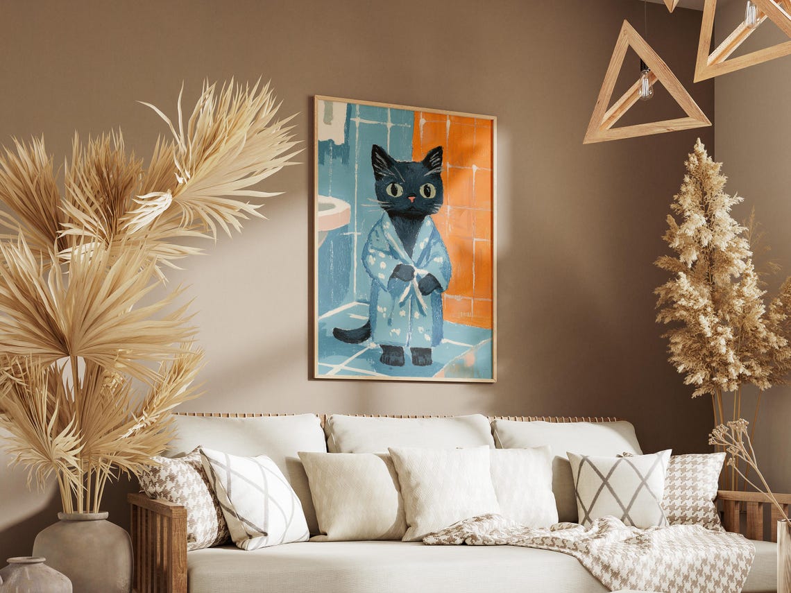 Russian Blue Kitten in Powder Blue Robe Sweet Cat Art Poster - Image 3