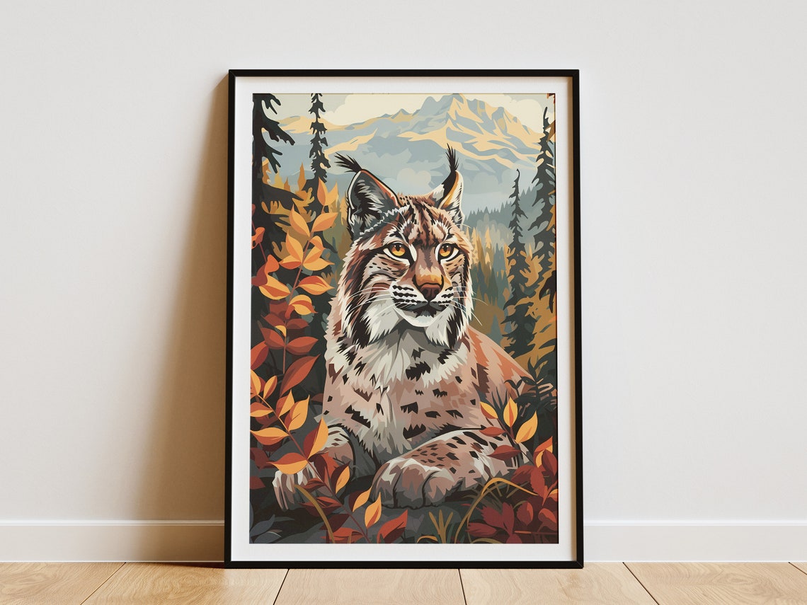 Lynx In Boreal Forest Poster Wildlife Art Print Forest Animal Poster Mountain Nature Decor Boho Home Decor
