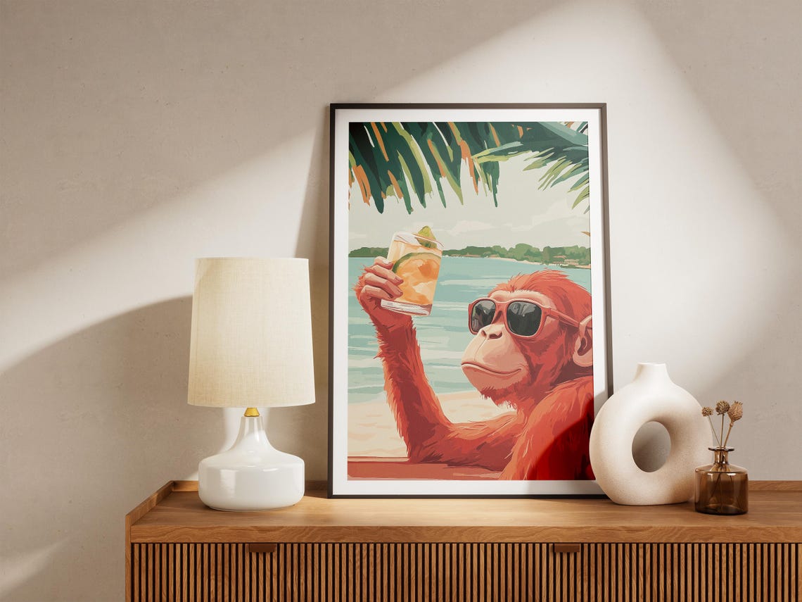 Cool Monkey in Sunglasses Raising a Cocktail at the Beach Poster - Image 5
