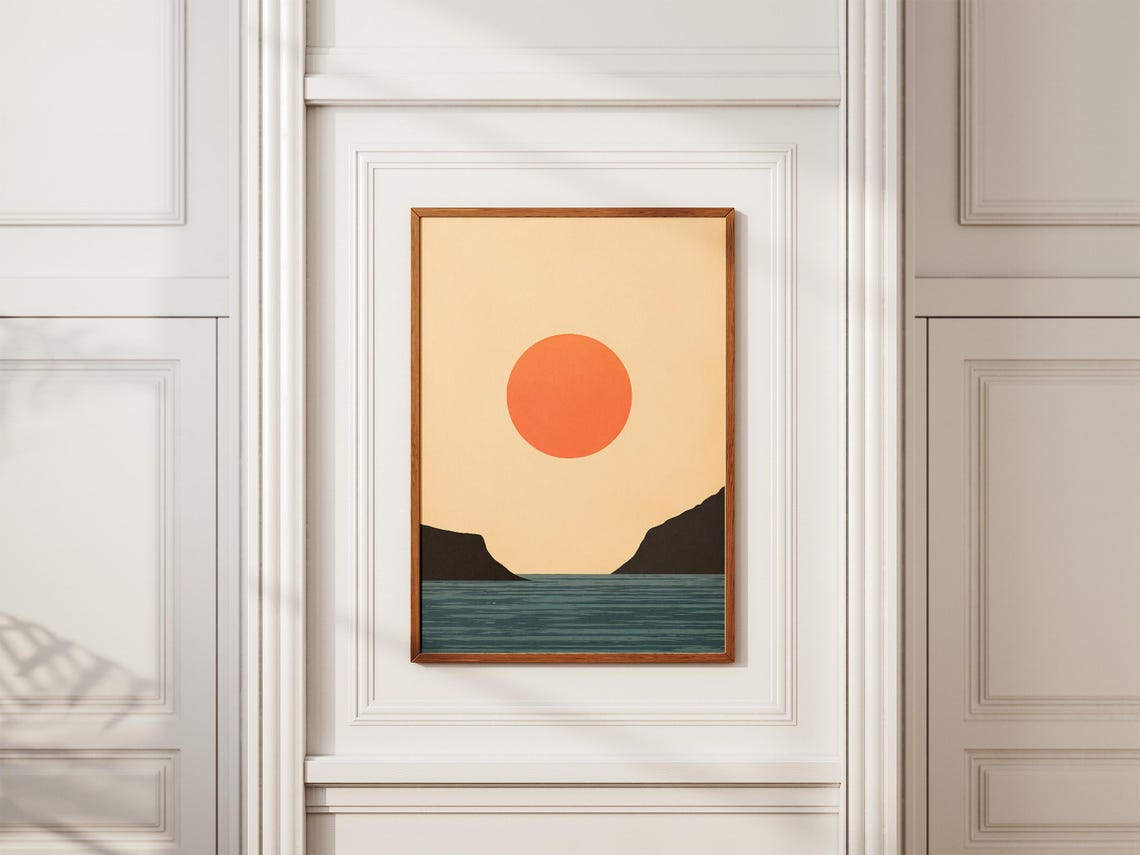 Orange Sun Between Sea Cliffs Minimalist Coastal Sunset Poster - Image 2