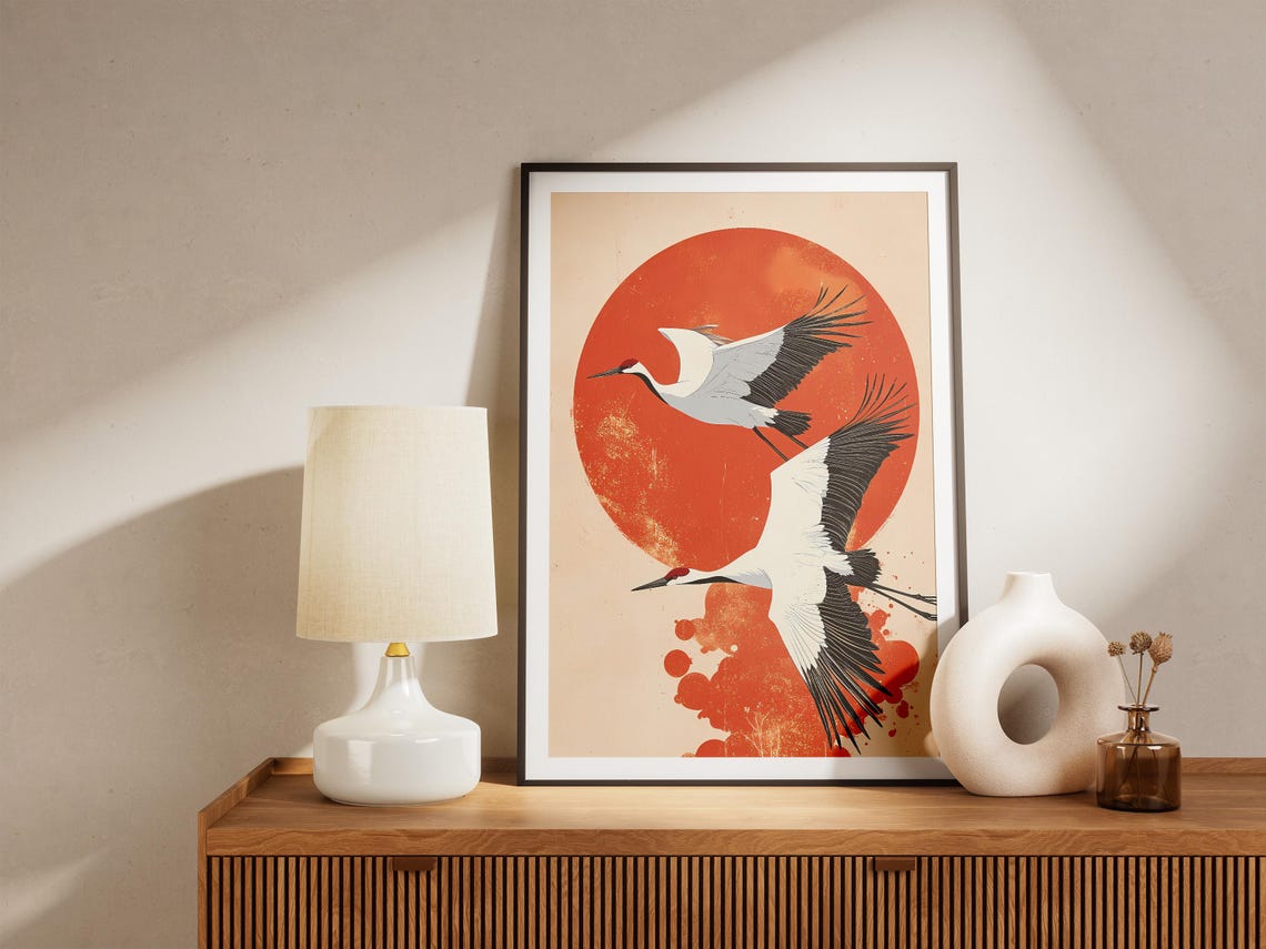 Cranes In Flight Before Red Sun Japanese Woodblock Art Poster - Image 5