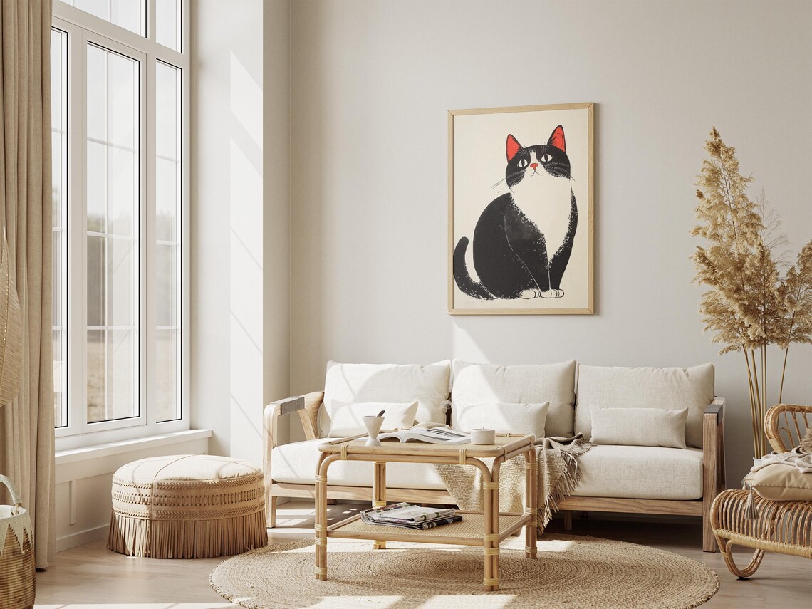 Black and White Cat with Red Ears Japanese Woodcut Style Art Poster - Image 4