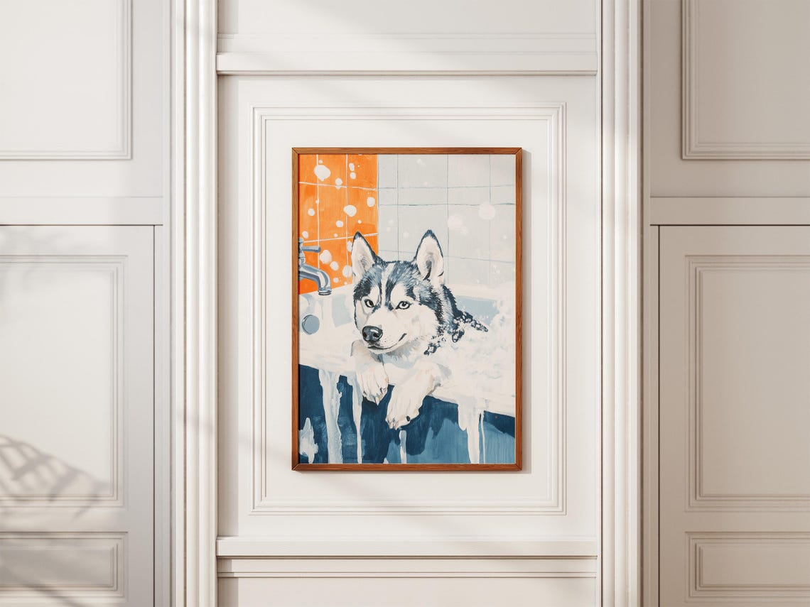 Handsome Siberian Husky in Foamy Blue Bathtub Dog Art Poster - Image 2