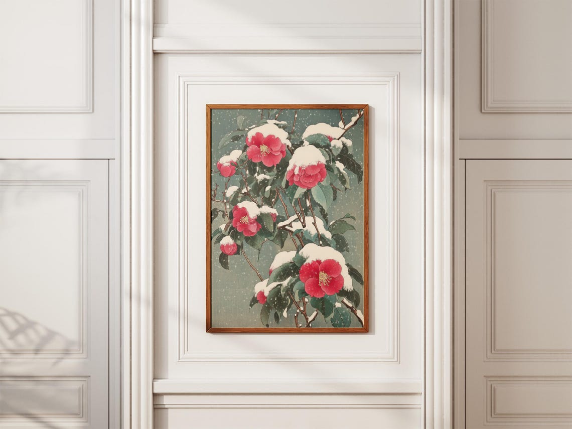 Red Camellia Blossoms Under Falling Snow Japanese Woodblock Poster - Image 2