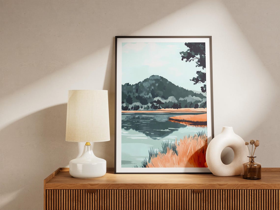 Mountain Lake Framed By Autumn Marsh Reeds Quiet Landscape Poster - Image 5