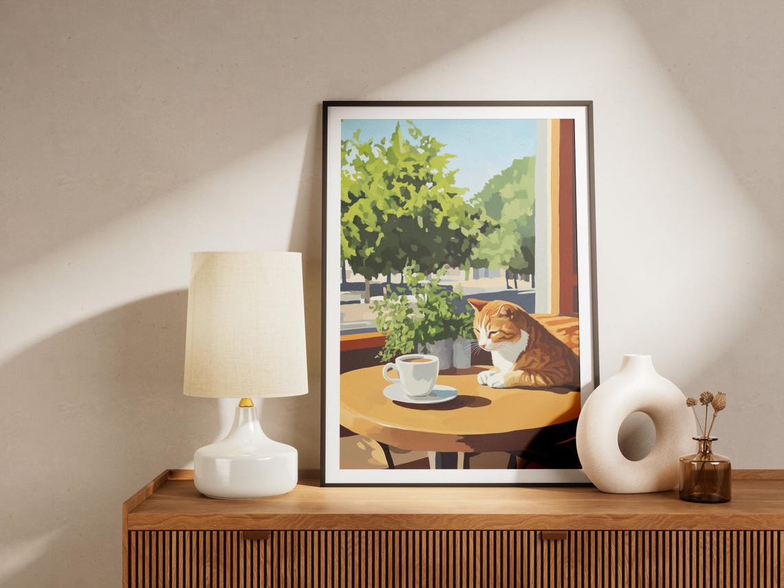 Orange and White Cat Loafing on a Cafe Table by the Garden Poster - Image 4