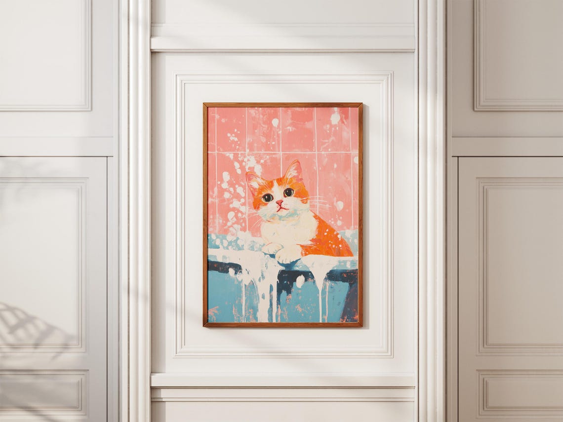 Orange White Cat in Bubble Bath Pink Bathroom Funny Cat Poster - Image 2