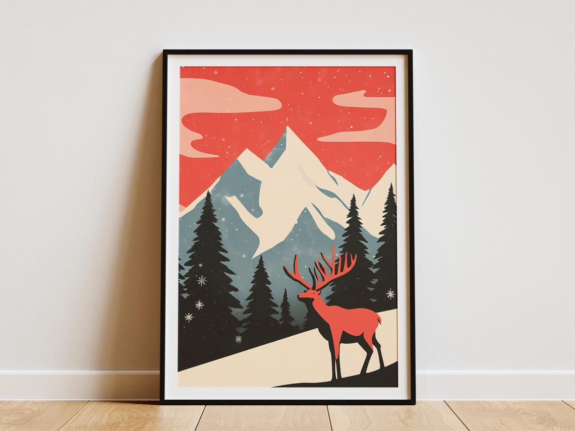 Denali Red Elk Standing in Snow Under a Deep Red Sky Art Poster