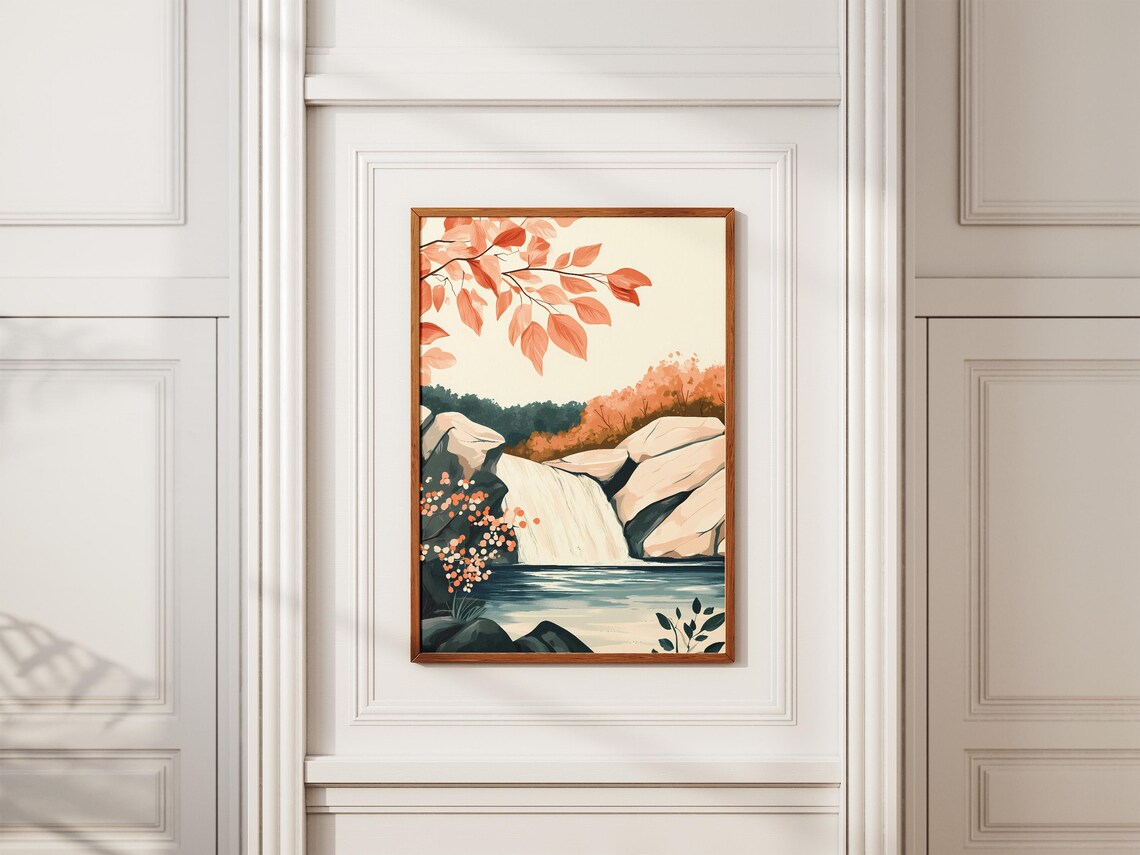Waterfall Forest Poster Nature Art Print Calm Waterfall Forest Landscape Modern Nature Decor Peaceful Waterfall Scene Tranquil Forest Print - Image 2