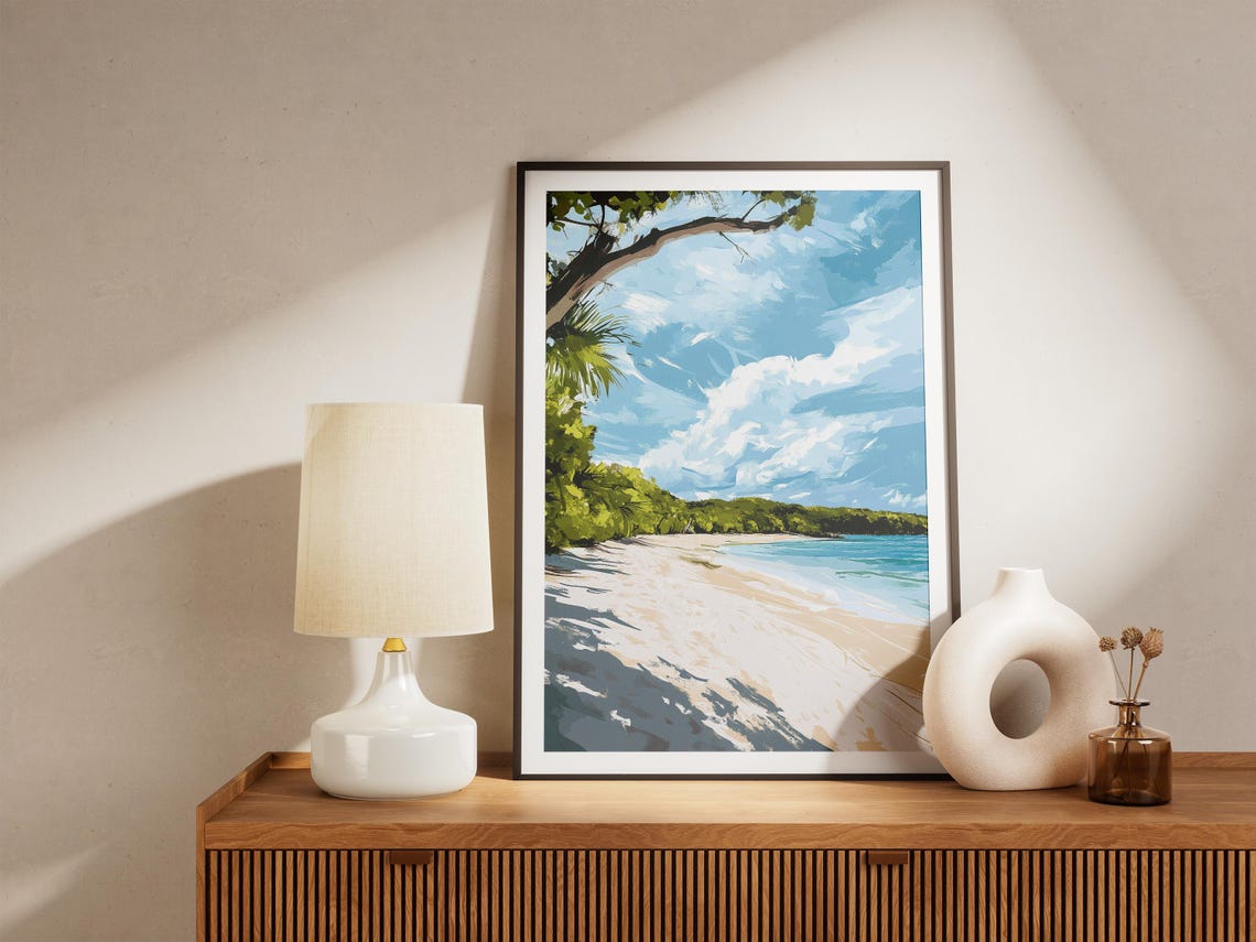 Tropical Island Beach With Palm Branch Overhanging Ocean View Poster - Image 4