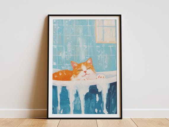 Ragdoll Cat Bathtub Poster Print Bathroom Wall Art Cute Kitten Pet Home Decor Foamy Bath Animal Lover Gift