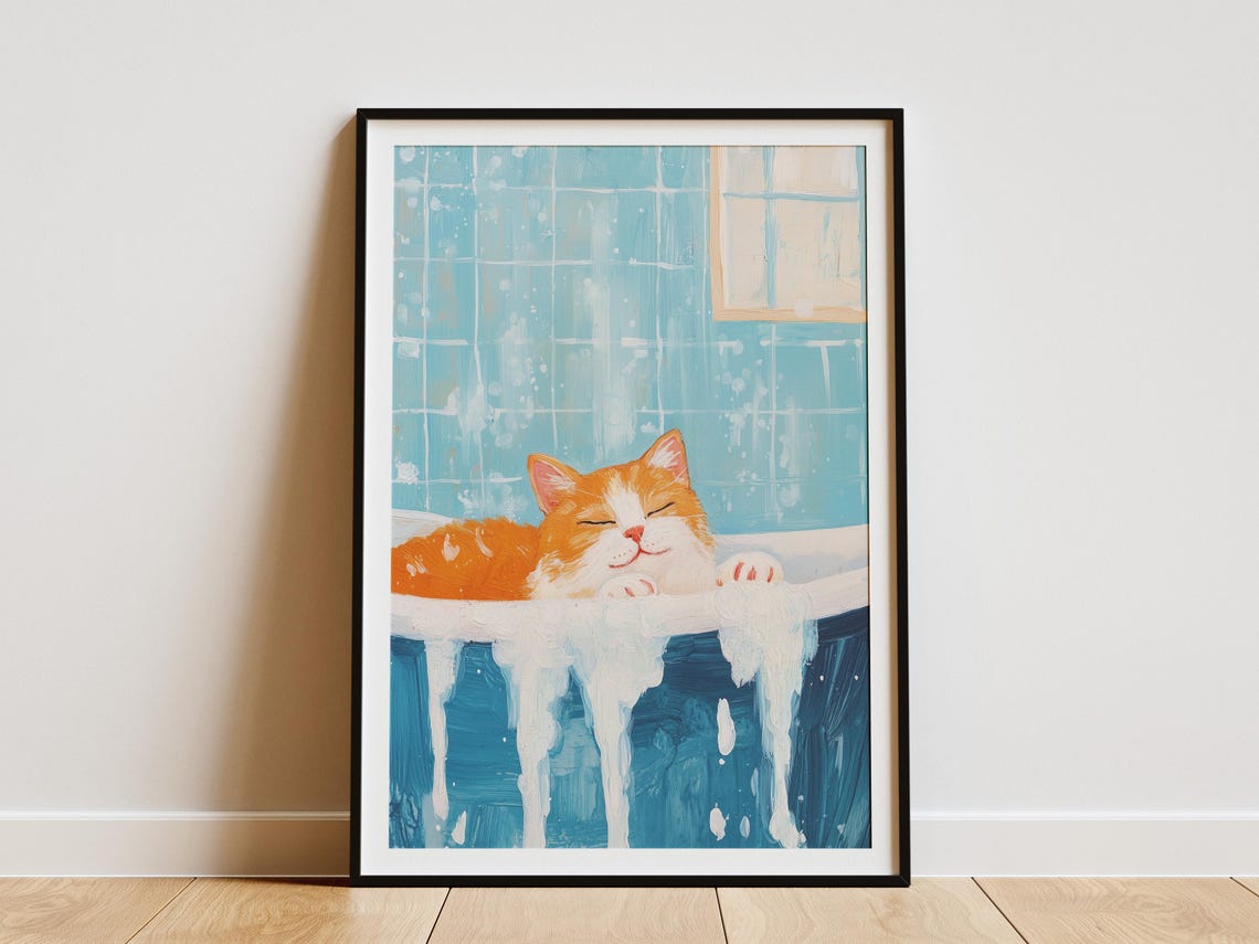 Orange Cat Sleeping in Foamy Blue Tub Peaceful Bath Cute Cat Poster