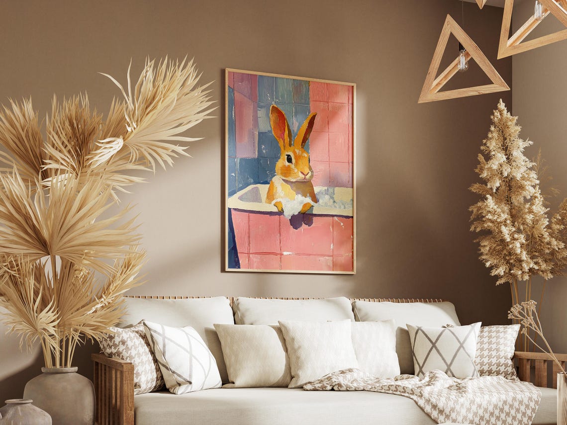 Cheerful Orange Rabbit Soaking In Pink Bubble Bath Bathroom Poster - Image 3