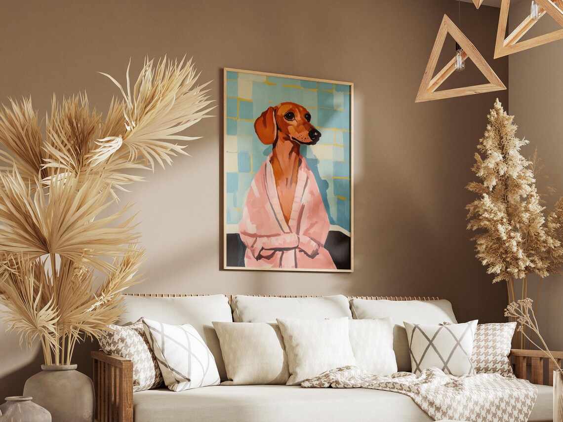 Red Dachshund in Pink Bathrobe Blue Bathroom Funny Dog Poster - Image 3