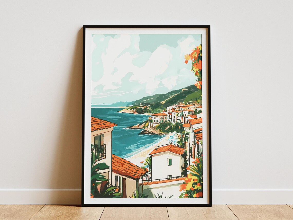 Italian Coastal Village With White Houses Over Blue Sea Poster