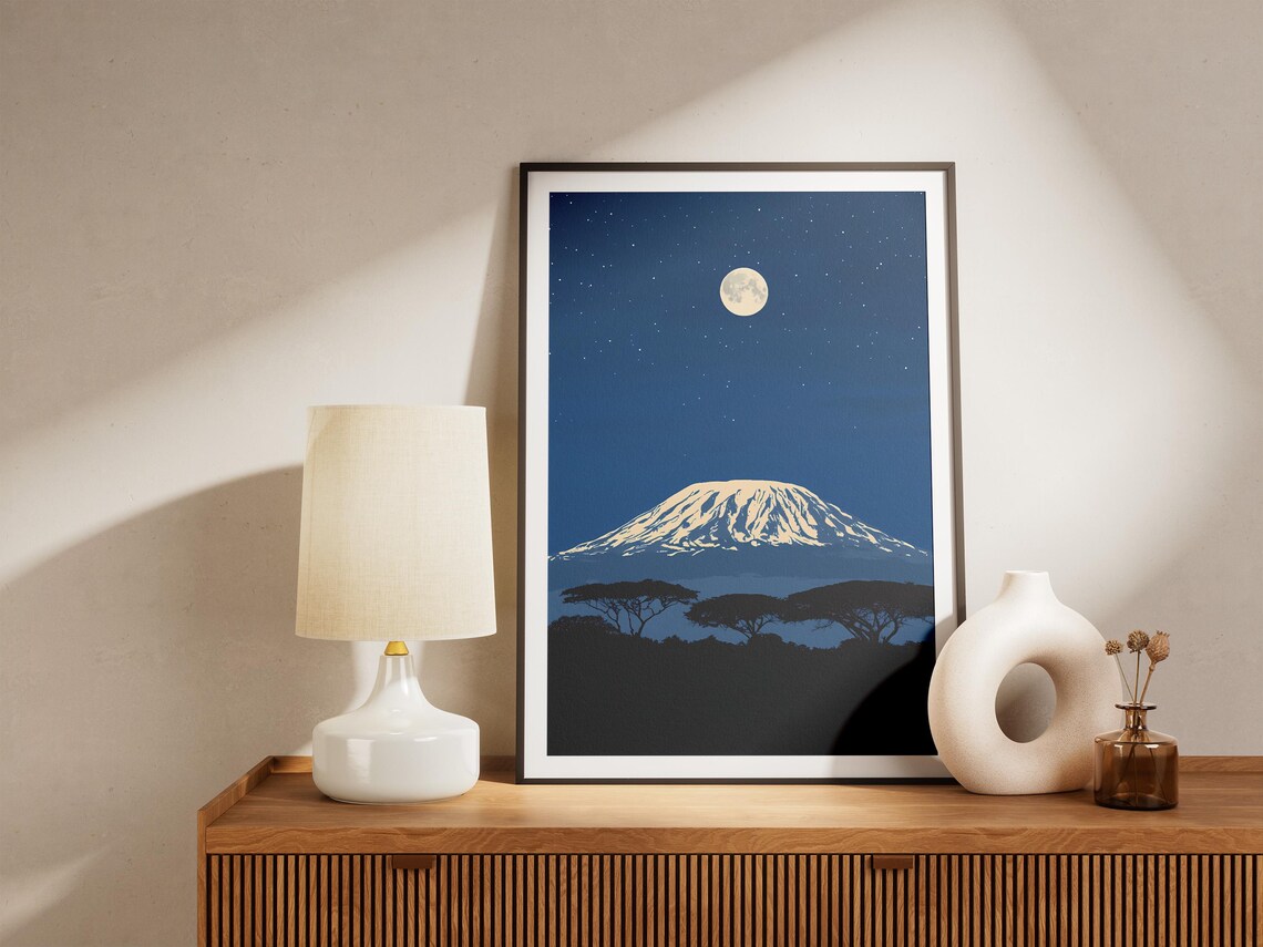 Mount Kilimanjaro Tanzania Acacia Trees Moonlit Night African Art Poster - Image 4