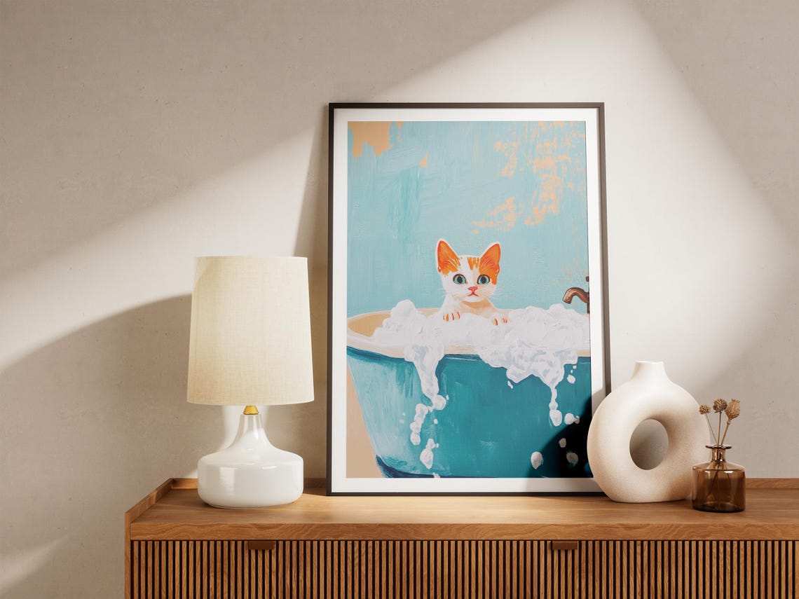 Orange White Kitten Foamy Bubble Bath Teal Tub Cute Art Poster - Image 4