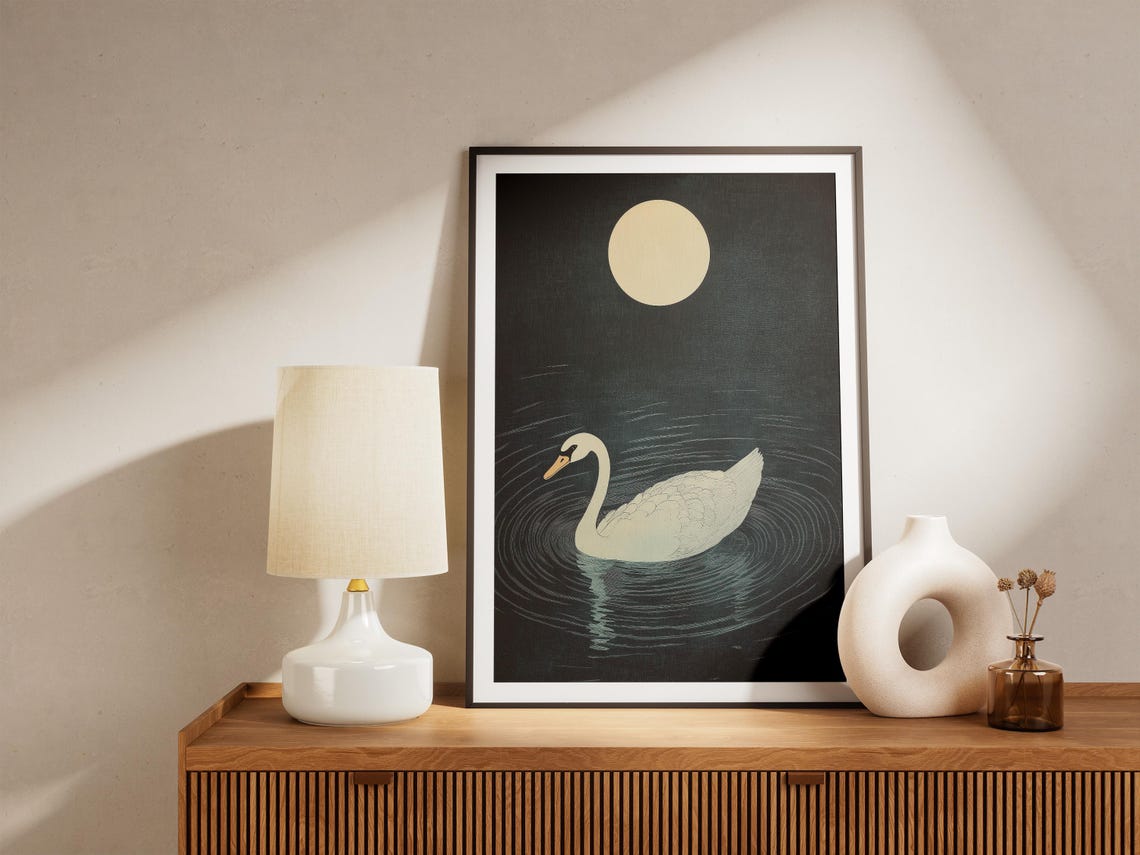 White Swan Gliding on Dark Water Under Full Moon Night Art Poster - Image 5