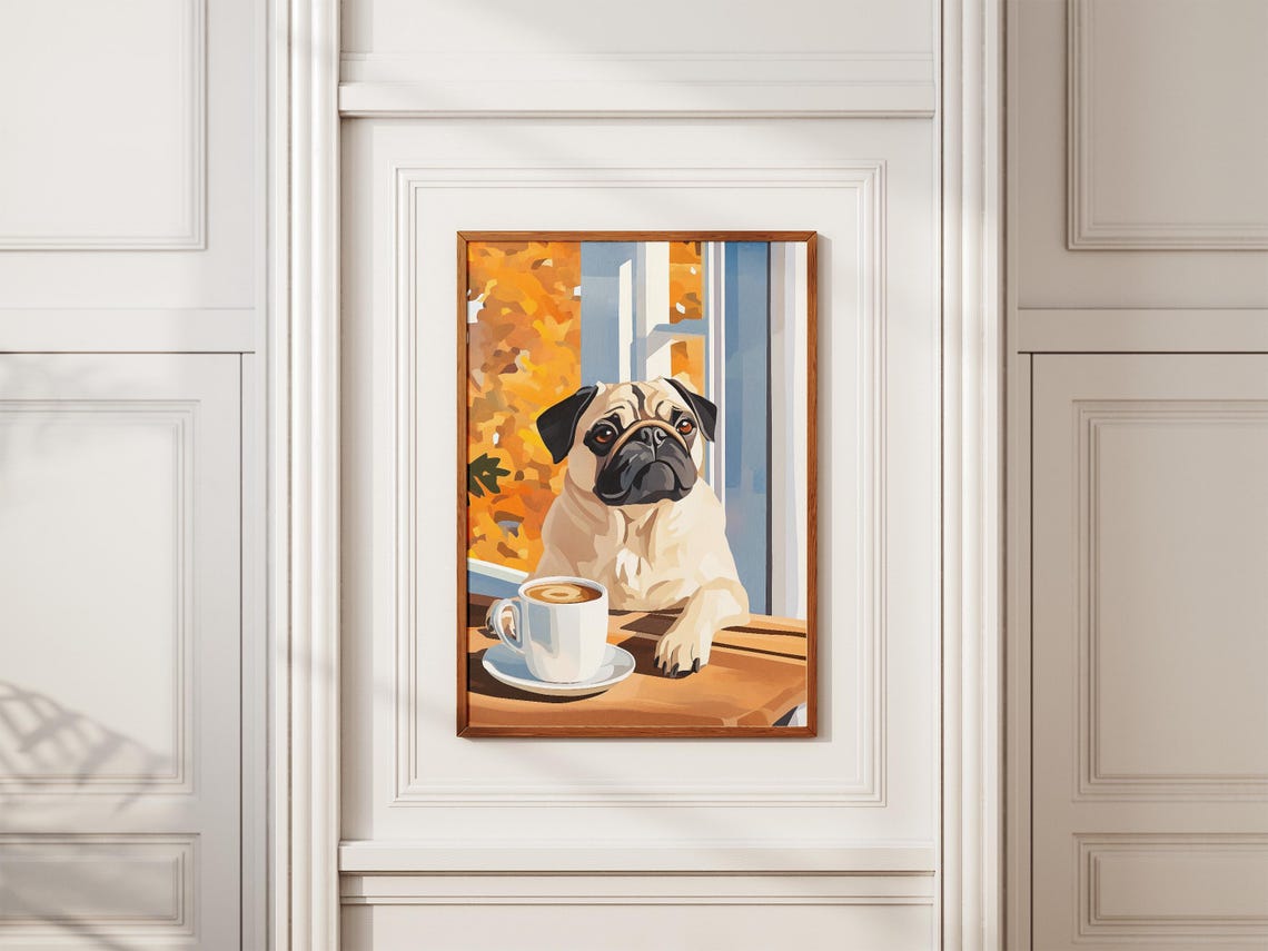 Pug Coffee Poster Art Print Dog Lover Gift With Mug Animal Wall Funny - Image 2