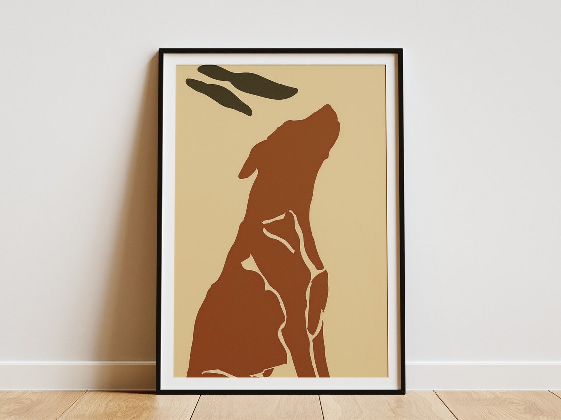 Playful Dog Catching Frisbee Minimalist Tan Silhouette Poster