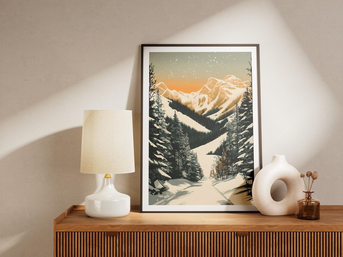 Snowy Golden Mountain Valley Vintage Winter Travel Art Poster - Image 5