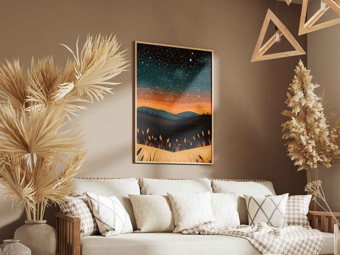 Starry Night Prairie Golden Wildflowers Sunset Horizon Poster - Image 3