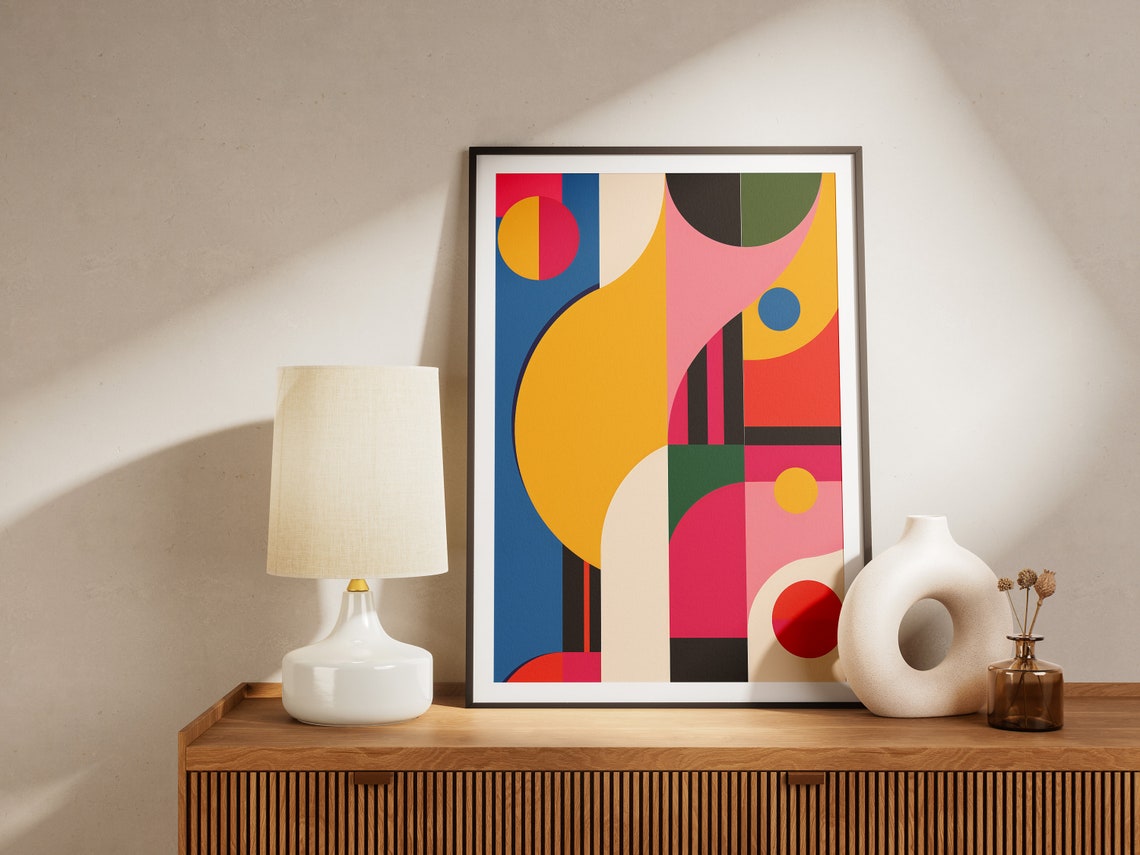 Playful Geometric Circles In Pink Yellow And Blue Abstract Poster - Image 2