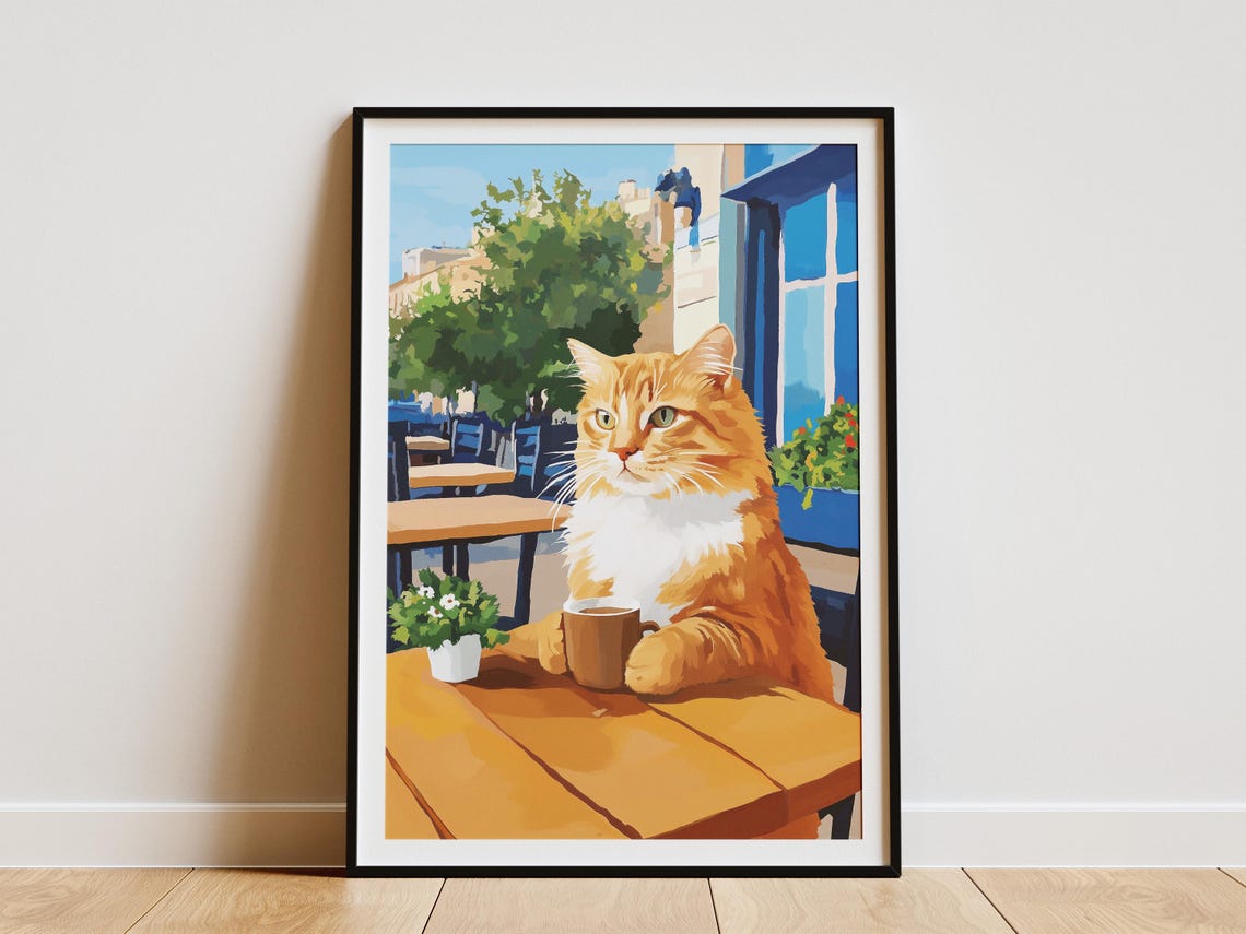 Orange Cat Coffee Poster Whimsical Cafe Cat Wall Decor Kitchen Gift