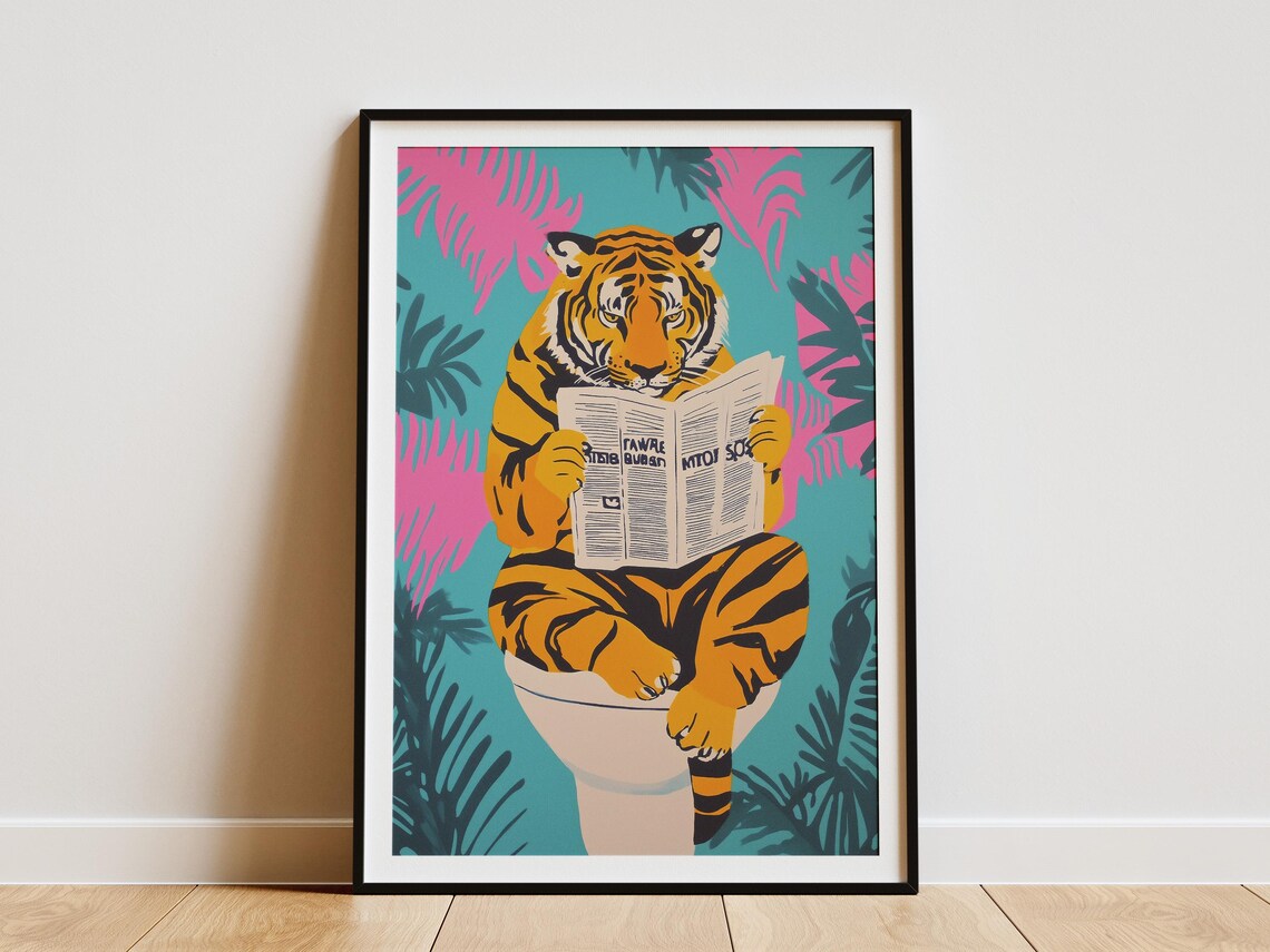 Tiger Reading Newspaper on Toilet Tropical Palm Leaf Art Poster