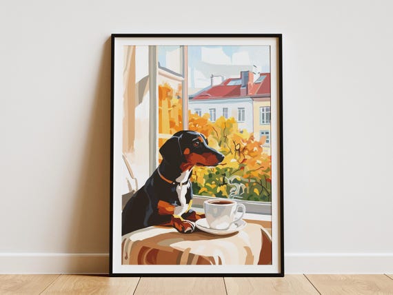 Dachshund Dog Art Print Cozy Cafe Coffee Matisse Style Autumn Window View Wiener Poster Pet Lover Gift Modern Wall Cute