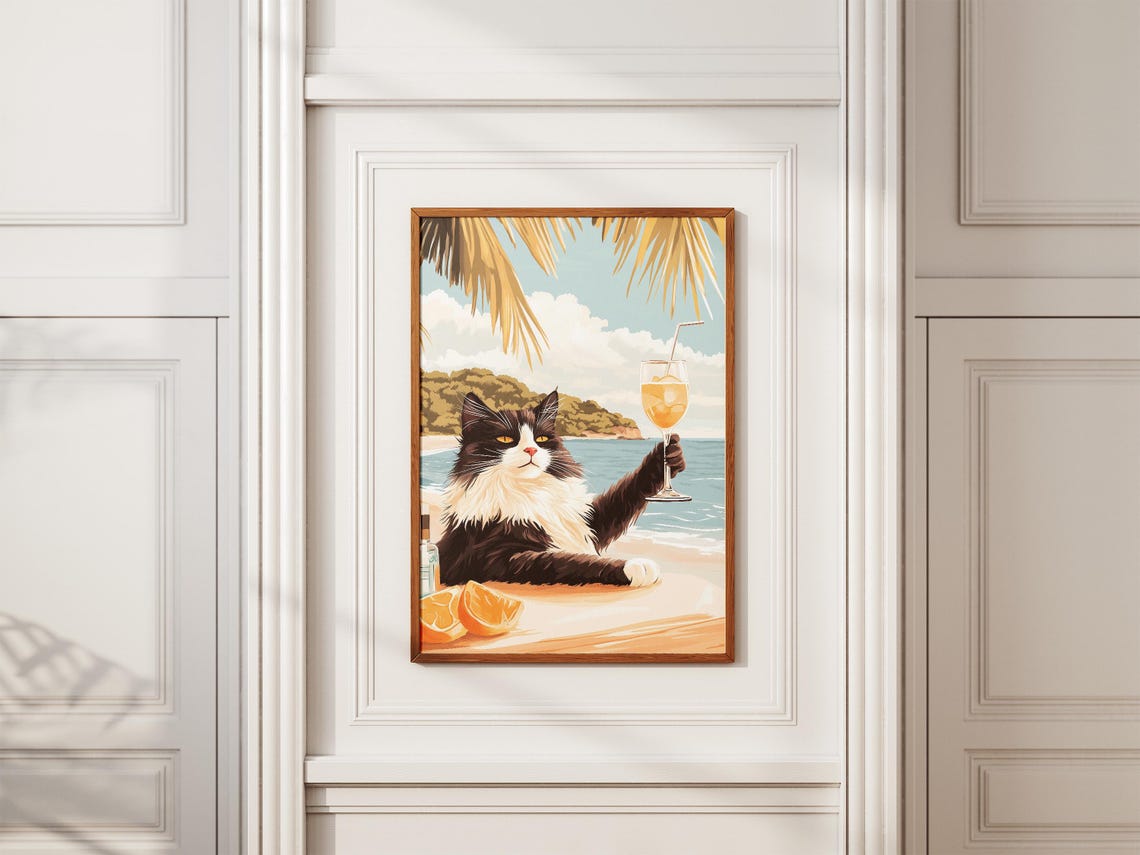 Fluffy Black And White Cat Toasting Cocktail At Beach Bar Poster - Image 2