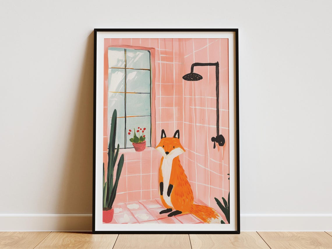 Fox in a Pink Tiled Shower Cute Animal Bathroom Decor Poster