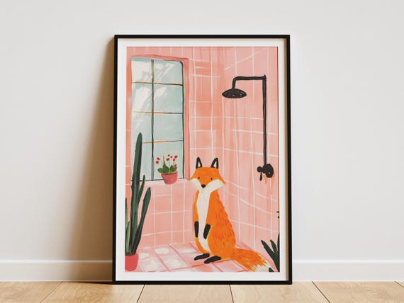 Cute Fox In Pink Bathroom Matisse Style Gouache Painting Poster Print Modern Animal Art Decor Wall Whimsical