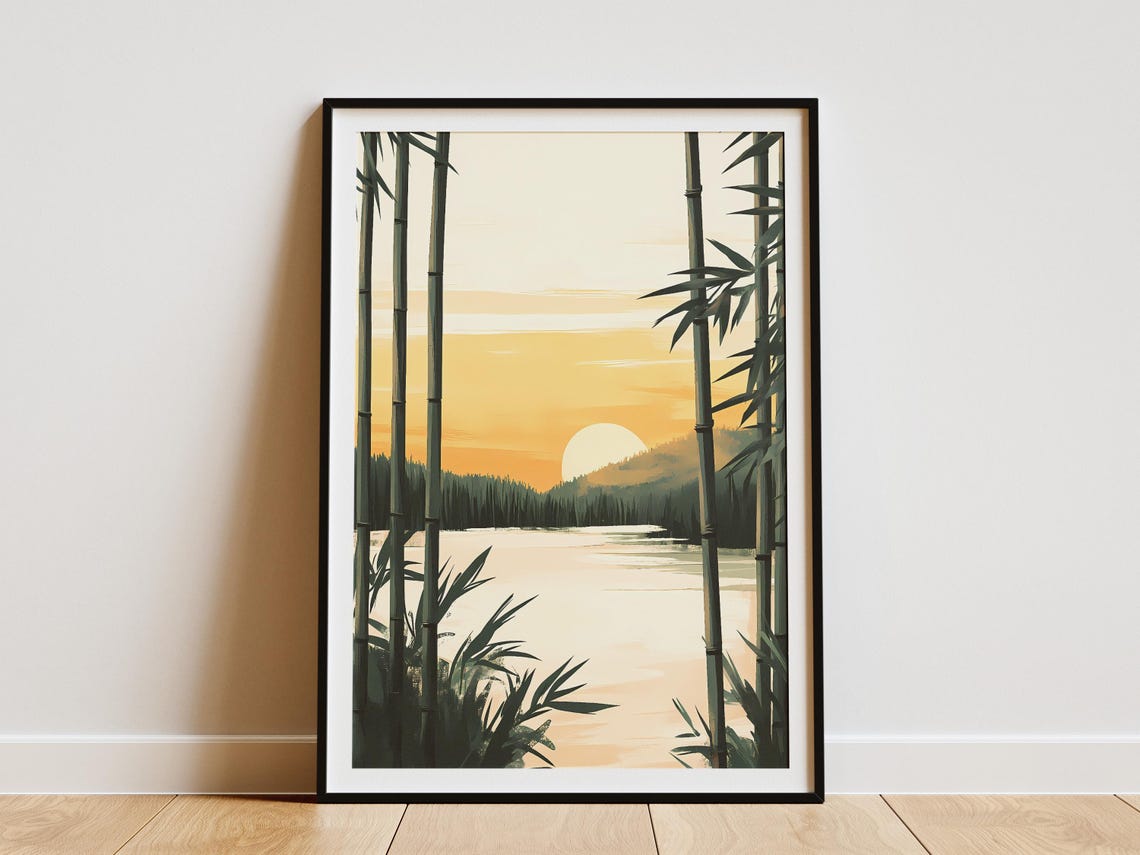 Bamboo Forest Sunrise Glowing Over a Still Golden Lake Poster