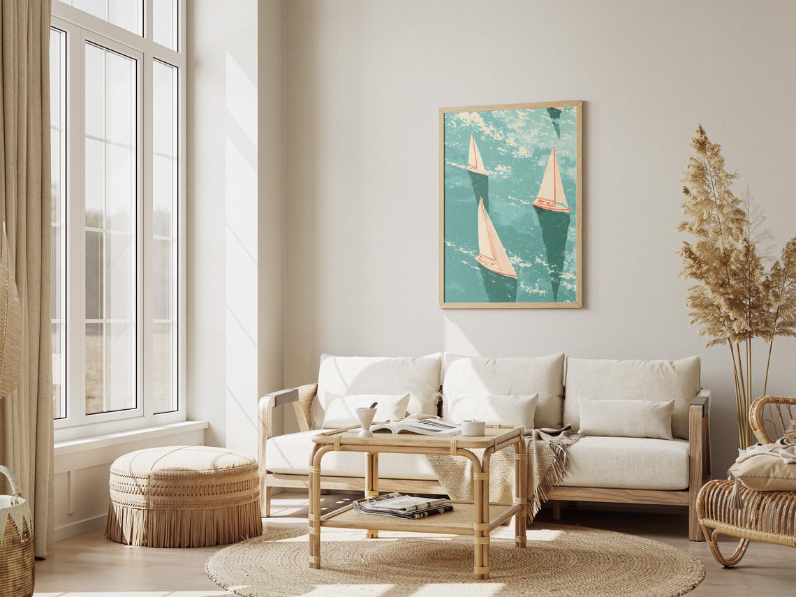 Sailboats Casting Reflections on Sparkling Teal Water Poster - Image 4