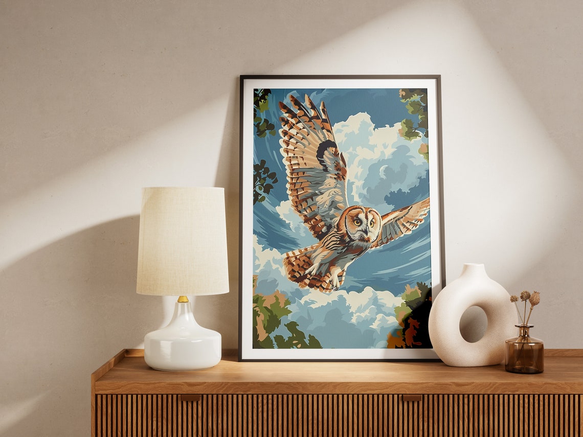 Majestic Owl Soaring Through a Bright Blue Cloudy Sky Poster - Image 2