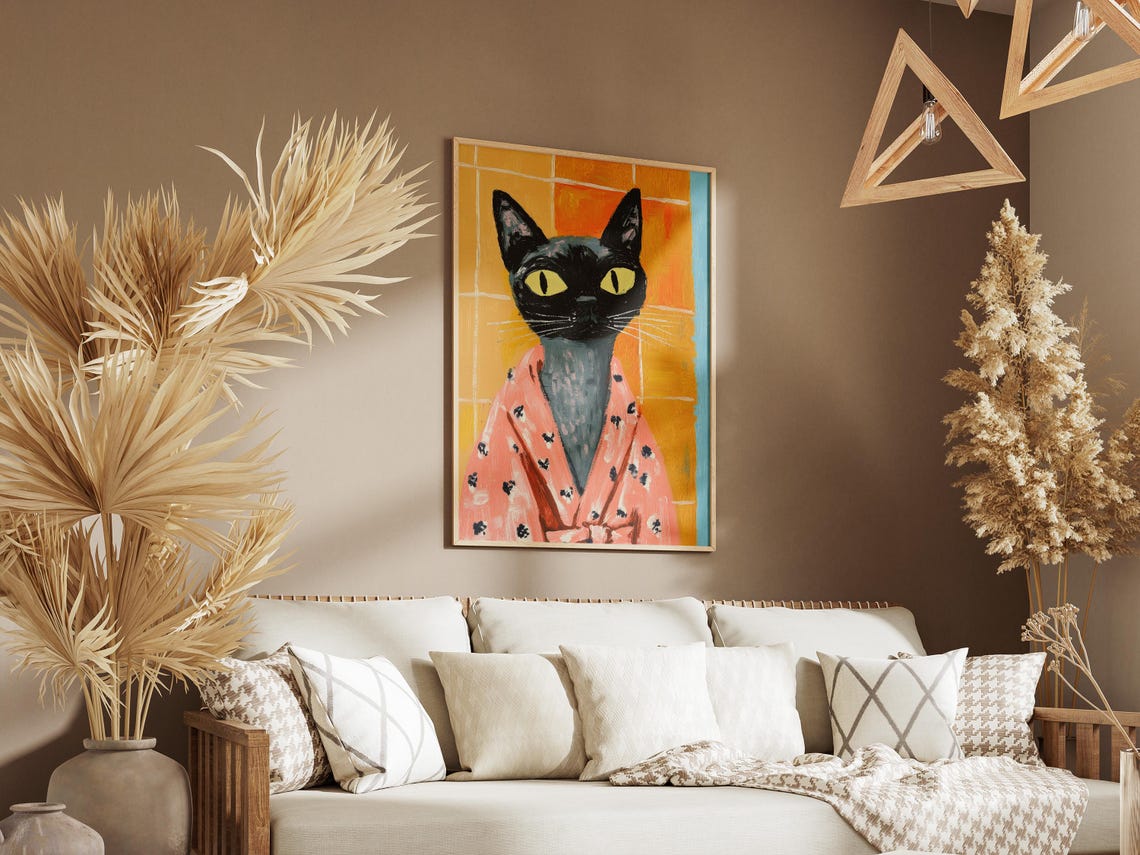 Black Cat With Yellow Eyes In Pink Robe Poster Funny Pet Bathroom Art - Image 3