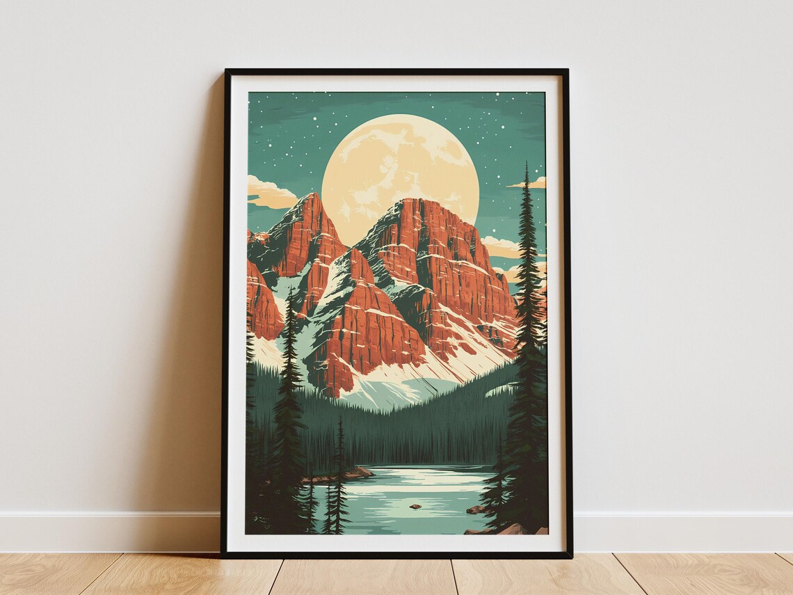 Full Moon Rising Over Snow Capped Rocky Mountain Lake Poster