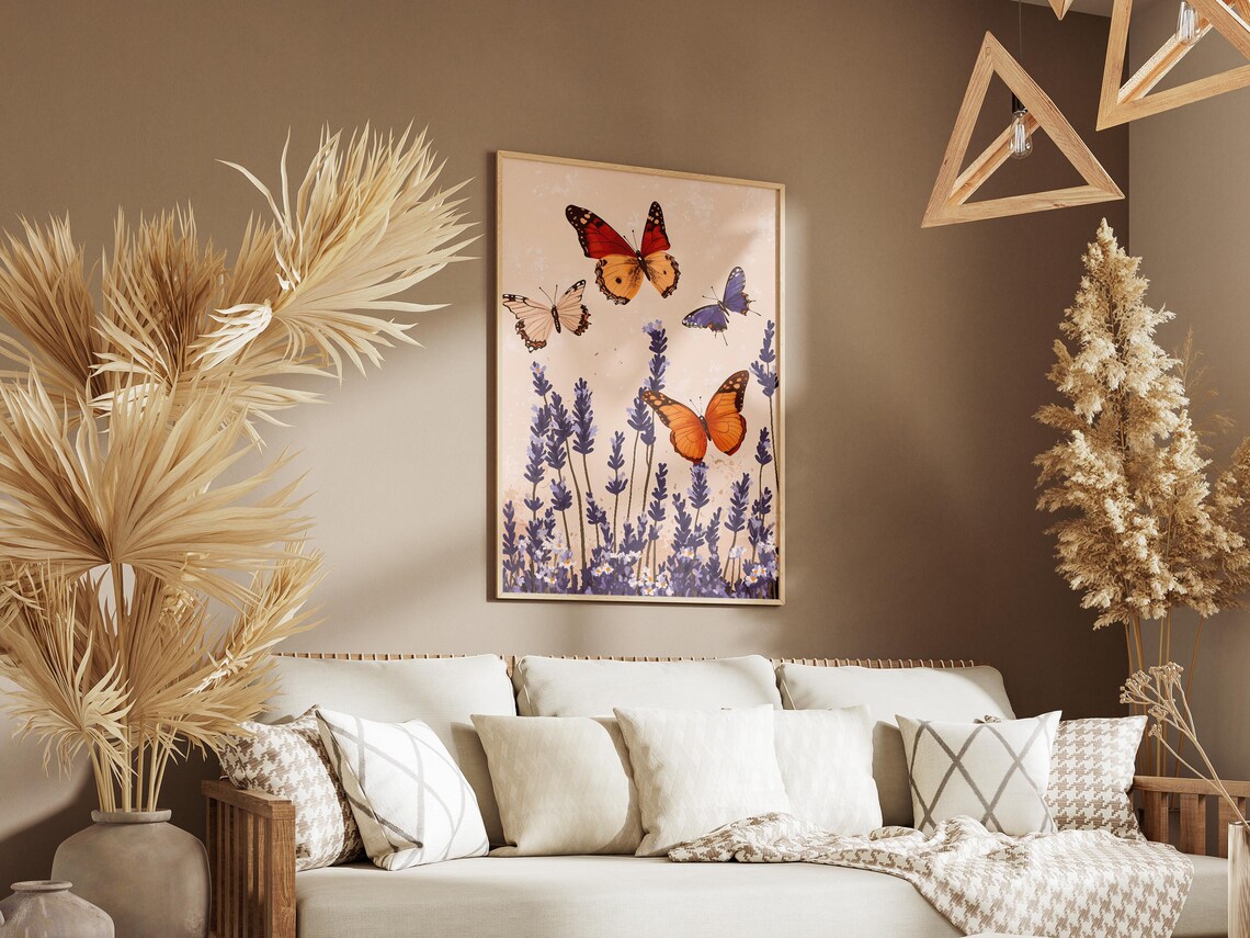 Butterflies Over Lavender Field Vintage Insect Art Illustration Poster - Image 3