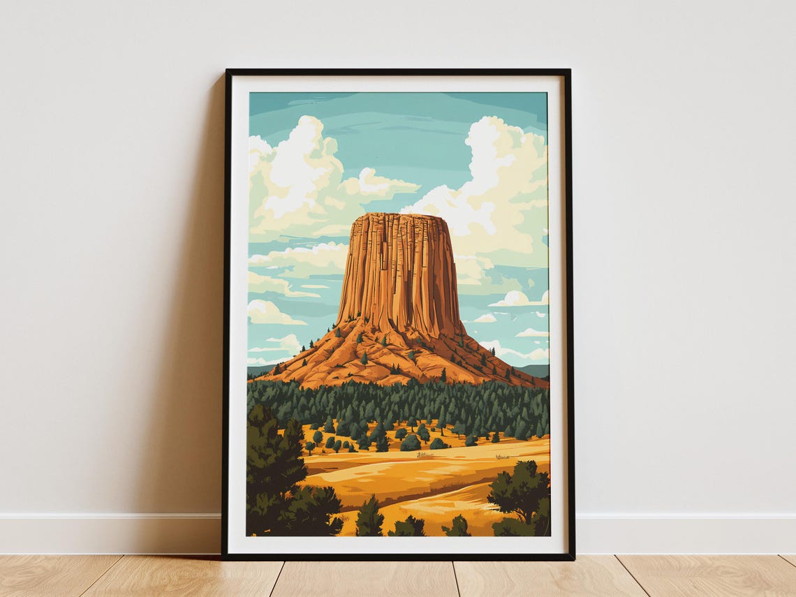 Devils Tower Wyoming Orange Butte Golden Prairie Landscape Poster