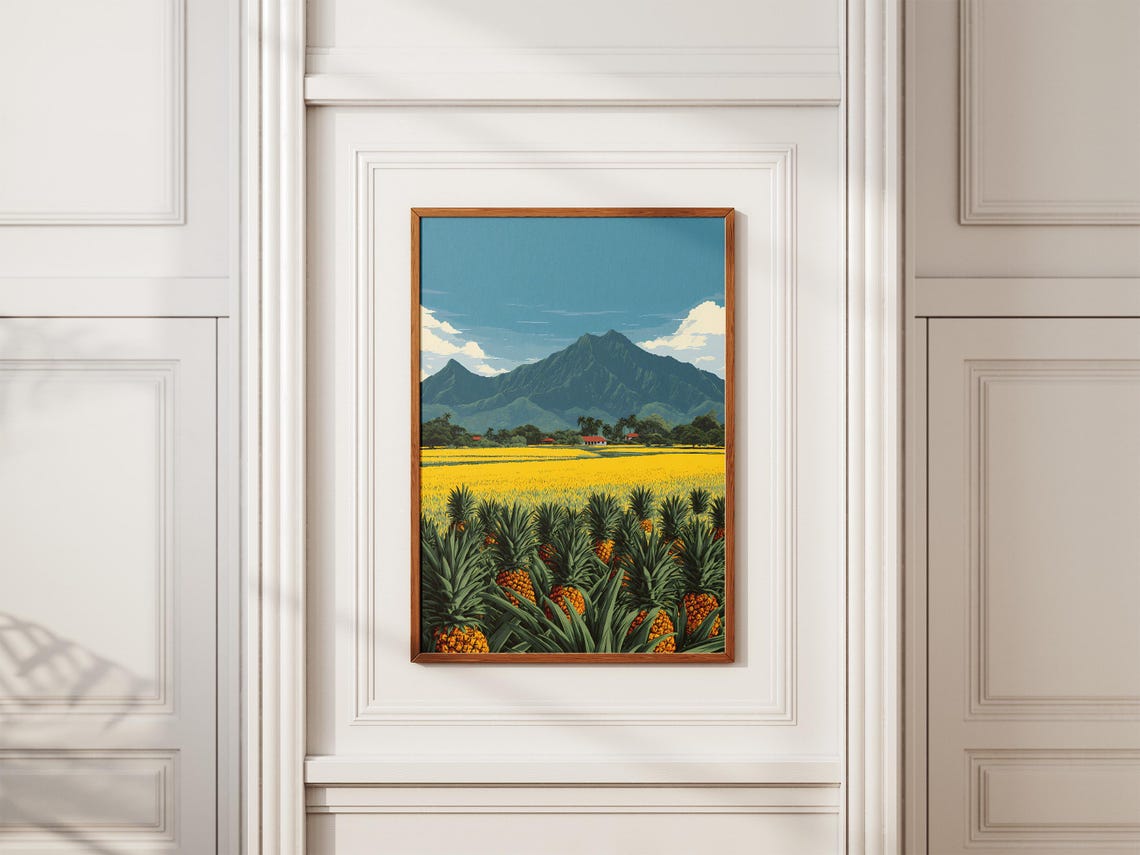Pineapple Field Hawaii Tropical Mountain Landscape Vintage Poster - Image 2