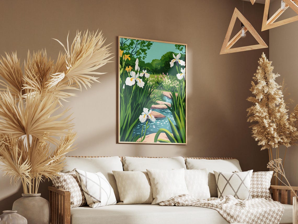 White Irises Beside a Garden Stream Poster With Blue Water Bloom - Image 3