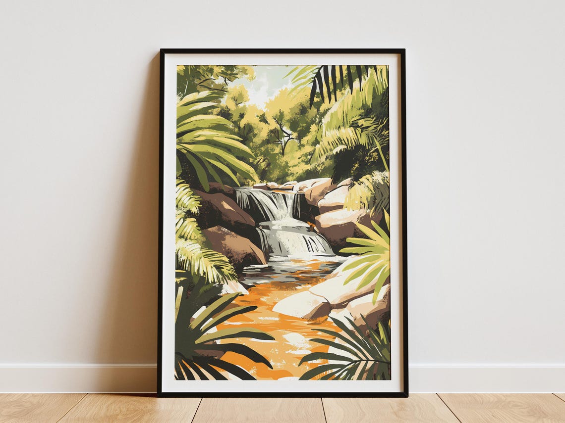 Jungle Waterfall Between Palms and Rocks Tropical Art Poster