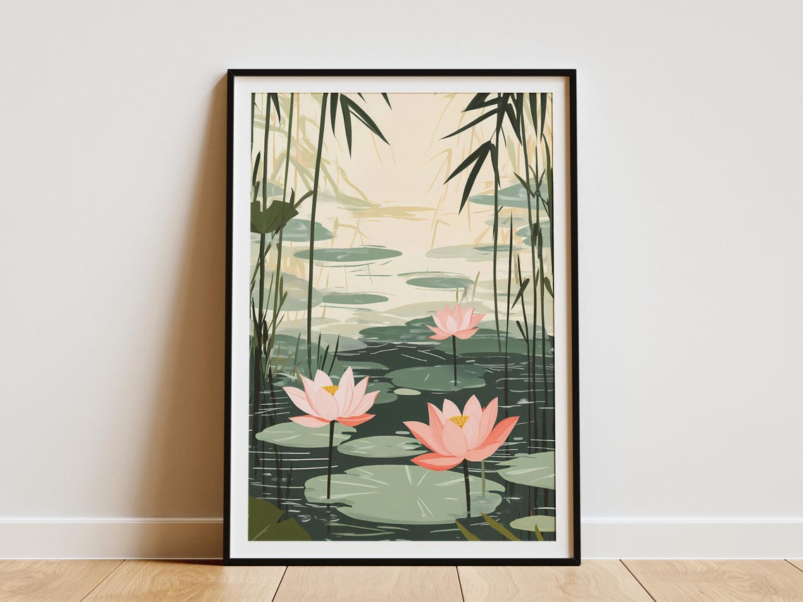 Pond Bamboo Botanical Art Print, Japanese Zen Garden