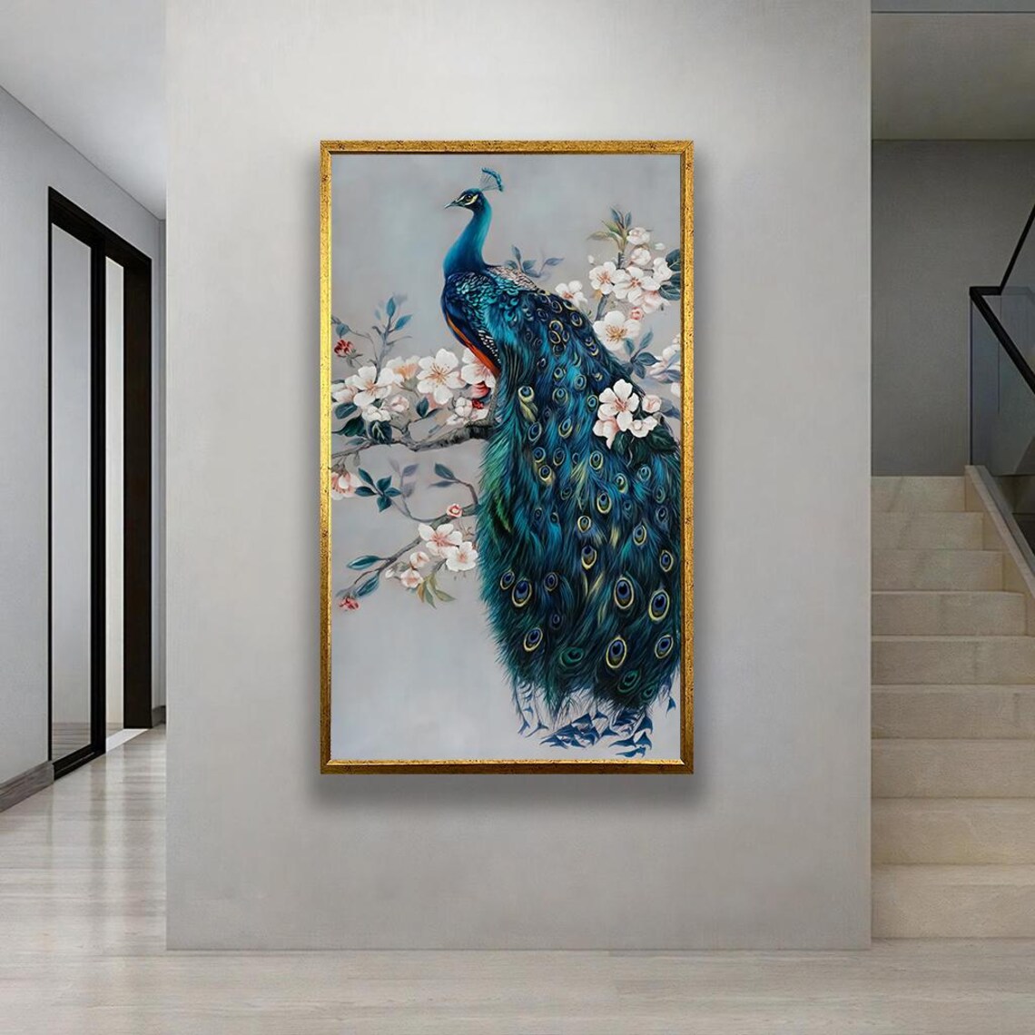 Elegant Peacock Cherry Blossom Branch Painting Luxe Gold Frame Style Poster