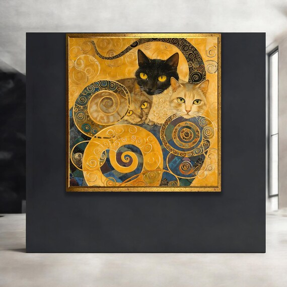 Three Cats in Golden Swirls Klimt Style Whimsical Cat Art Poster