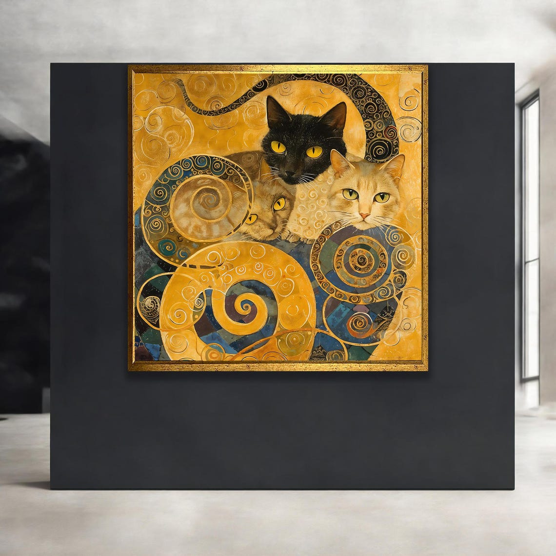 Three Cats in Golden Swirls Klimt Style Whimsical Cat Art Poster