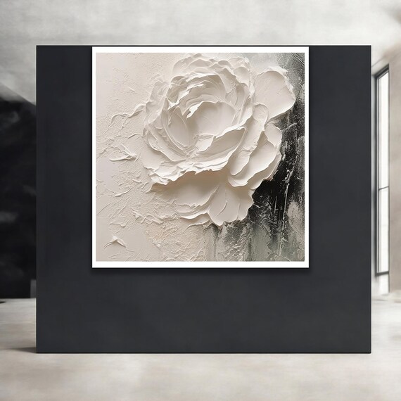 White Rose Sculpture Relief Minimalist Impasto Flower Art Poster