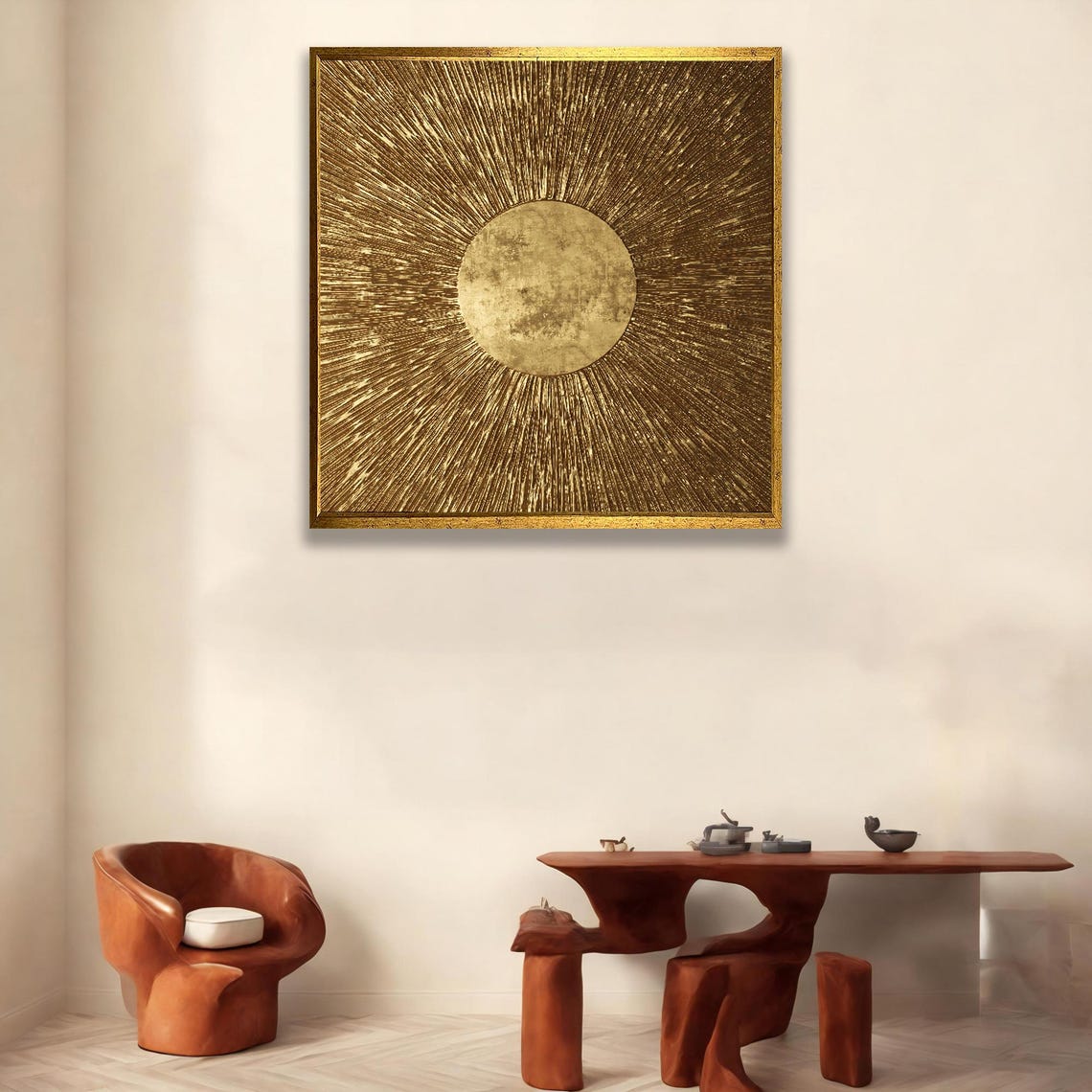Gold Sunburst Radiant Sun Rays Textured Metallic Abstract Art Poster