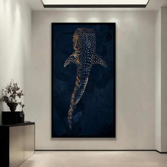 Golden Whale Shark Line Art Abstract Dark Navy Ocean Modern Poster